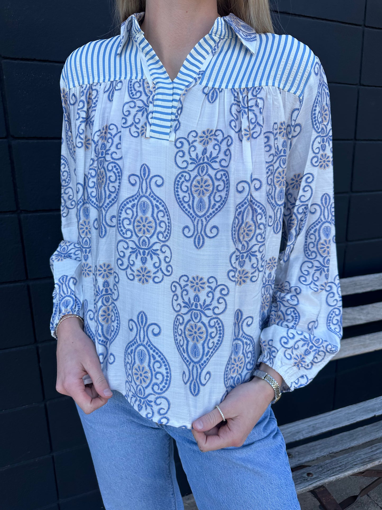 Long Sleeve Woven Blue & White Top