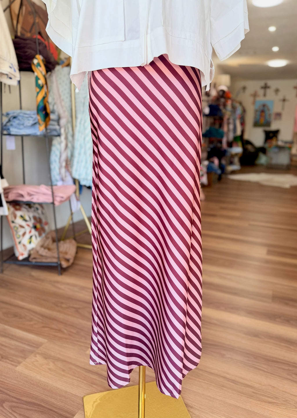 Burgundy Stripe Satin Midi Skirt