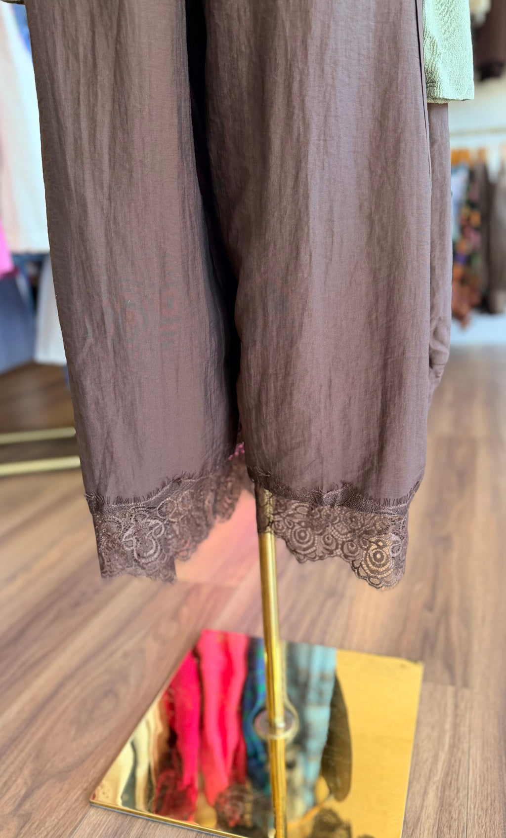 Brown Cropped Lace Trim Balloon Pants
