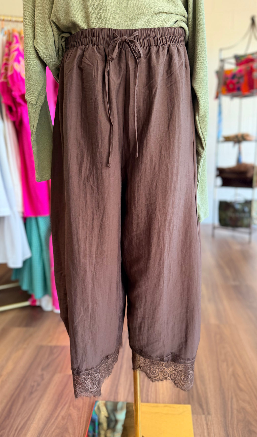 Brown Cropped Lace Trim Balloon Pants