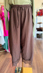 Brown Cropped Lace Trim Balloon Pants