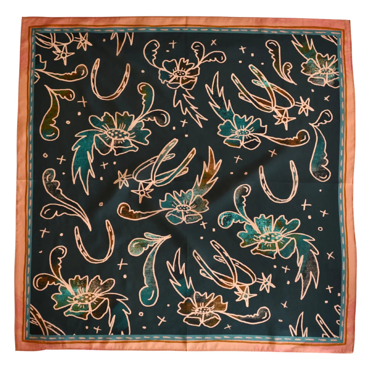 Spurs and Floral Turquoise and Peach Western Silk Wild Rag Scarf
