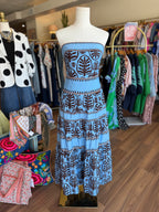 Blue Strapless Dress with Brown Design