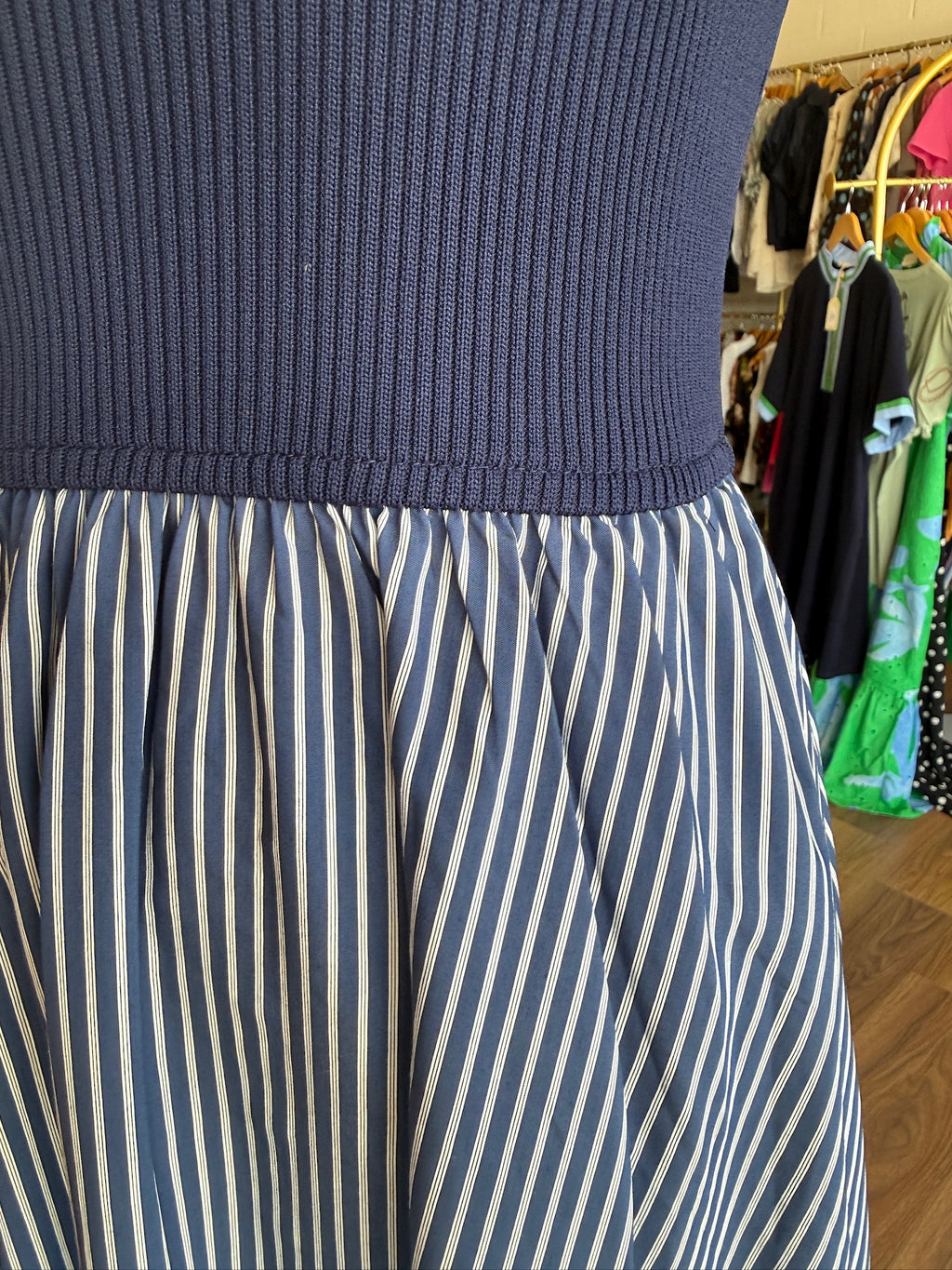 Navy Knit Mock Neck Striped Midi