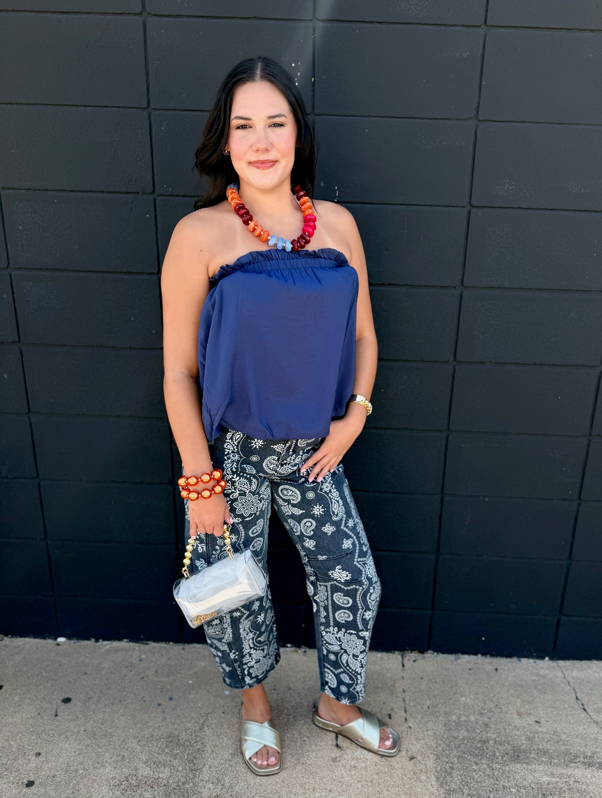 Navy Bubble Hem Tube Top