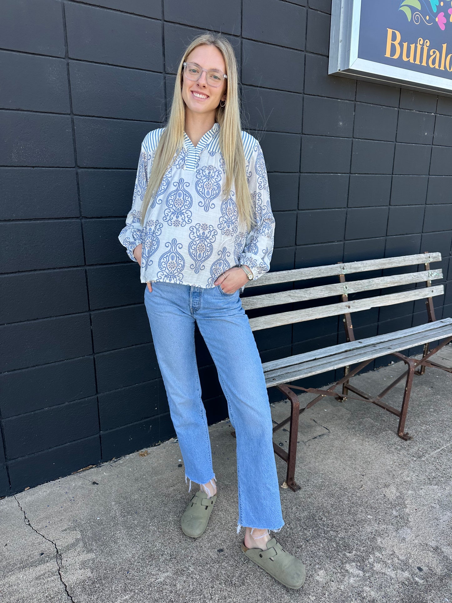 Long Sleeve Woven Blue & White Top