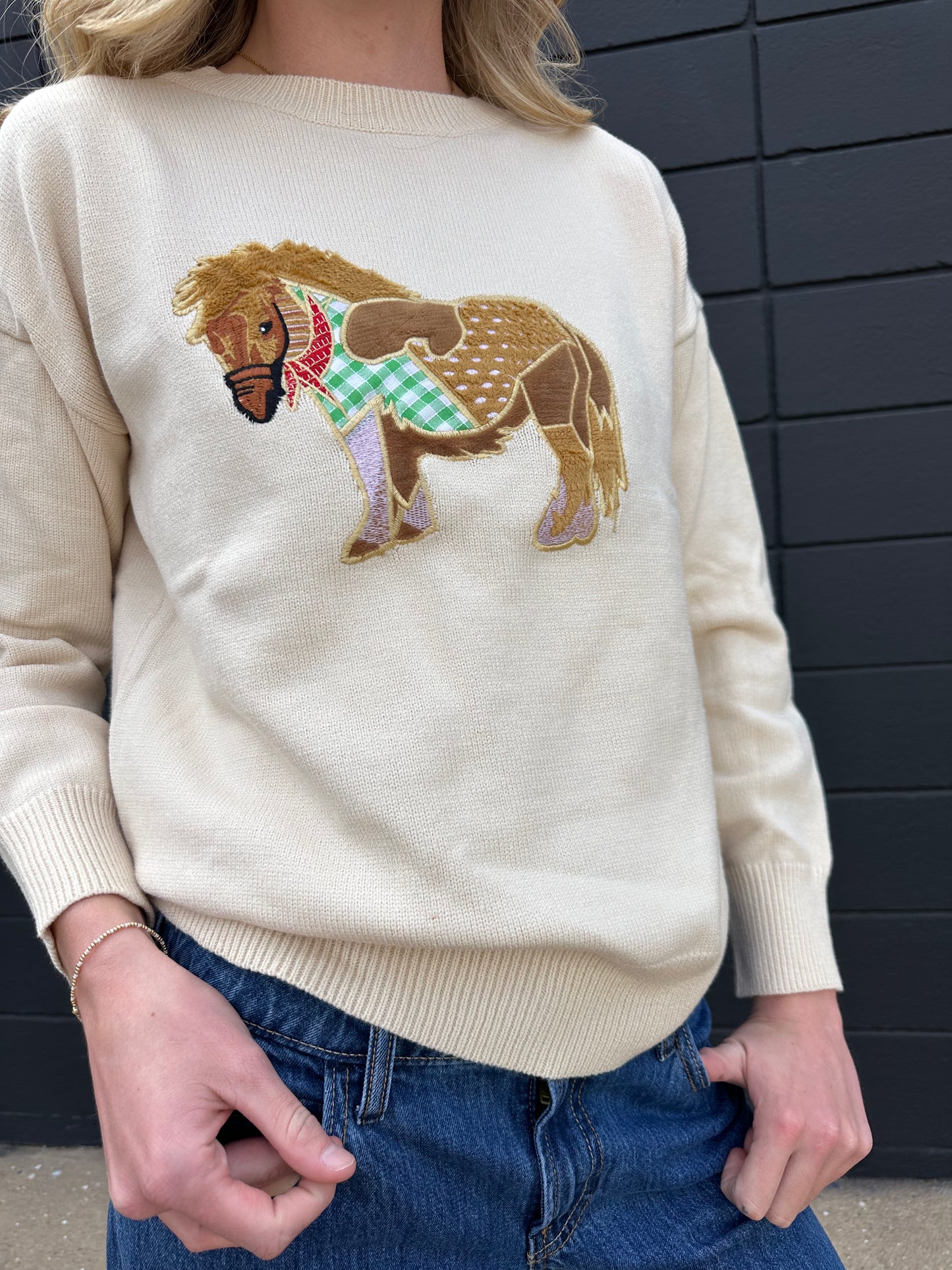 Pony Embrd Crew Pull Over Sweater