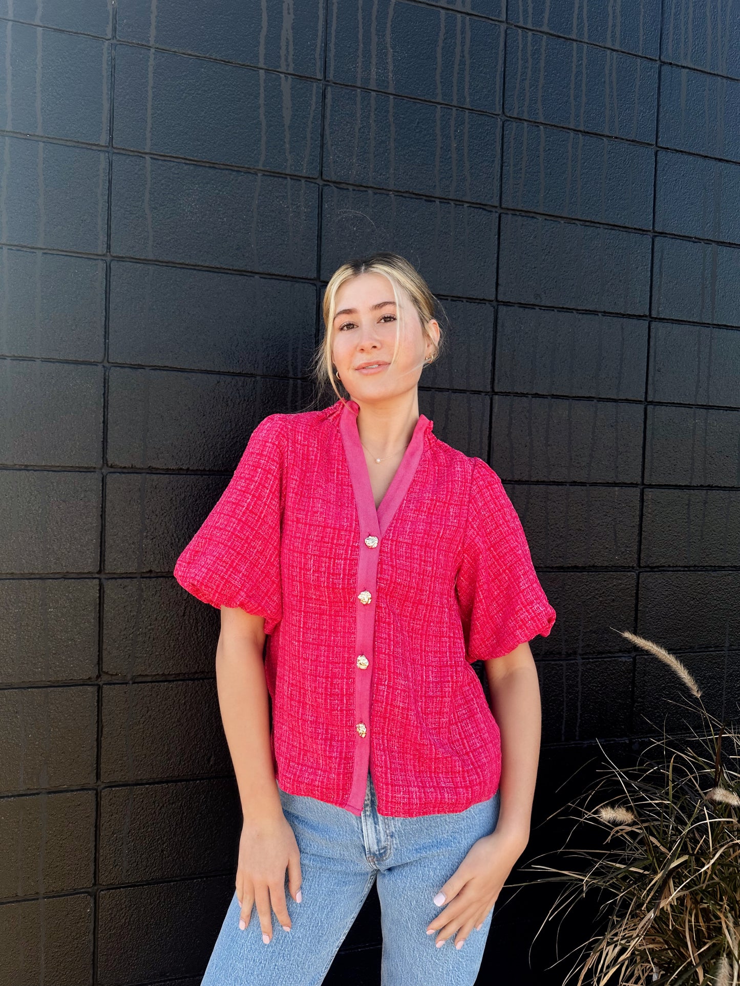 Puff Sleeve Tweed Blouse