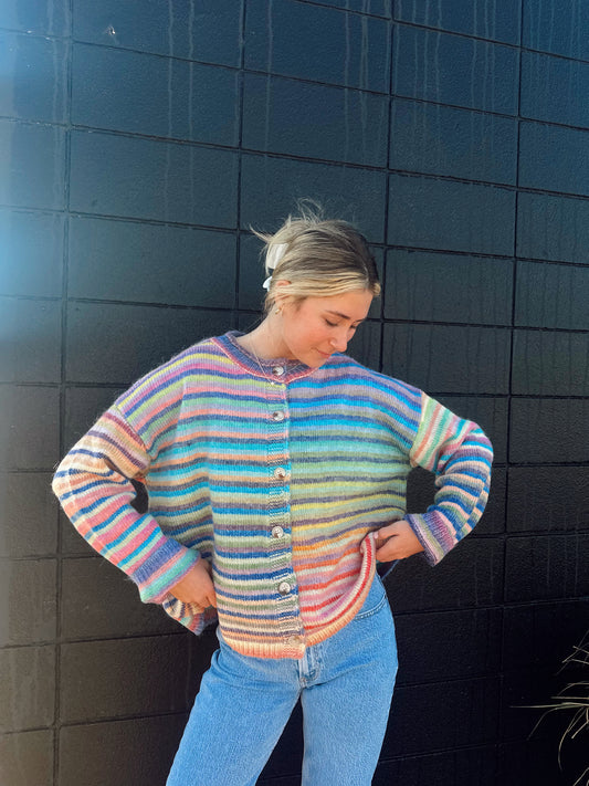 Rainbow Button Up Knit Sweater Cardigan