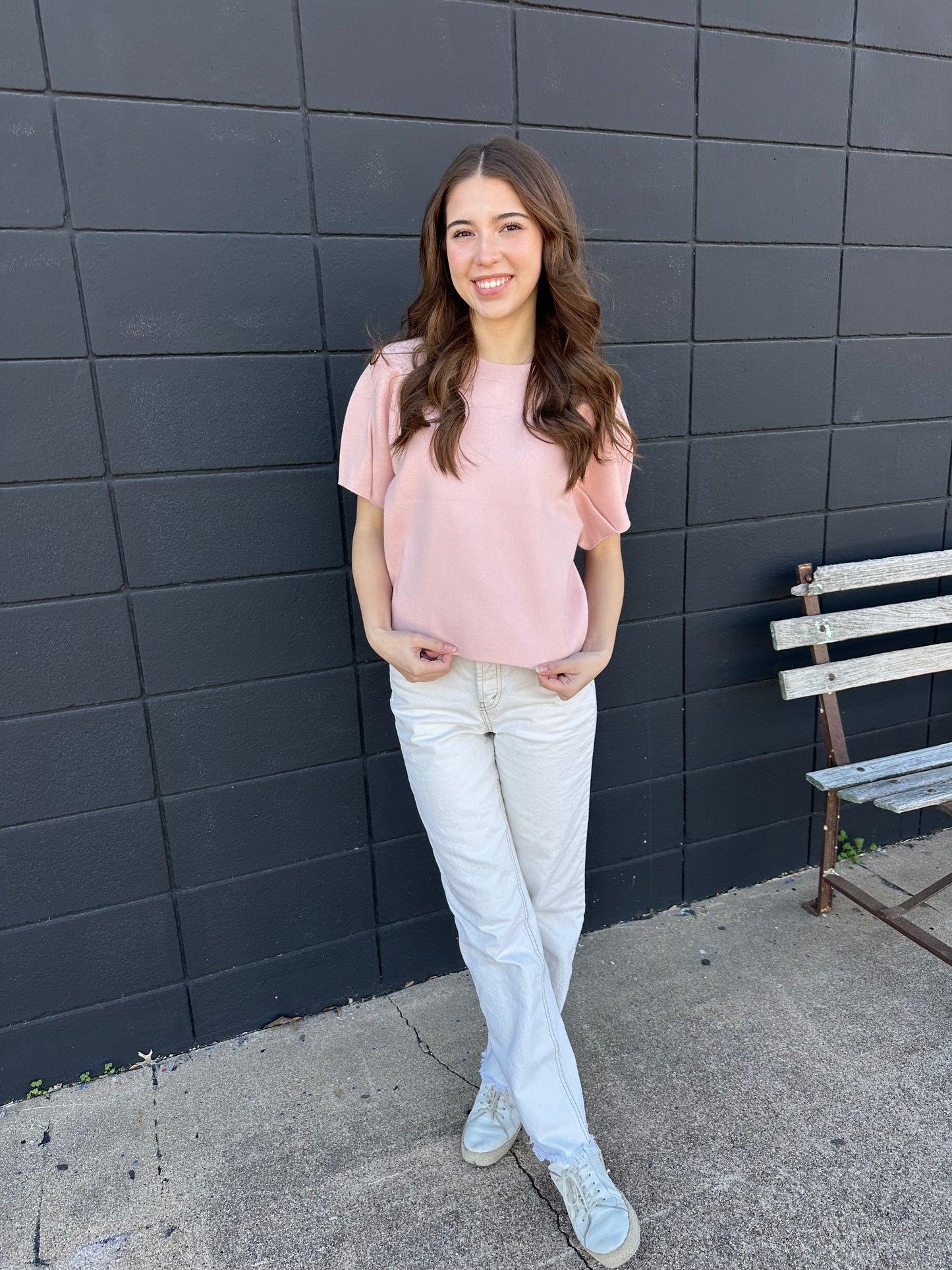 Round Neck Cropped Sleeve Sweater