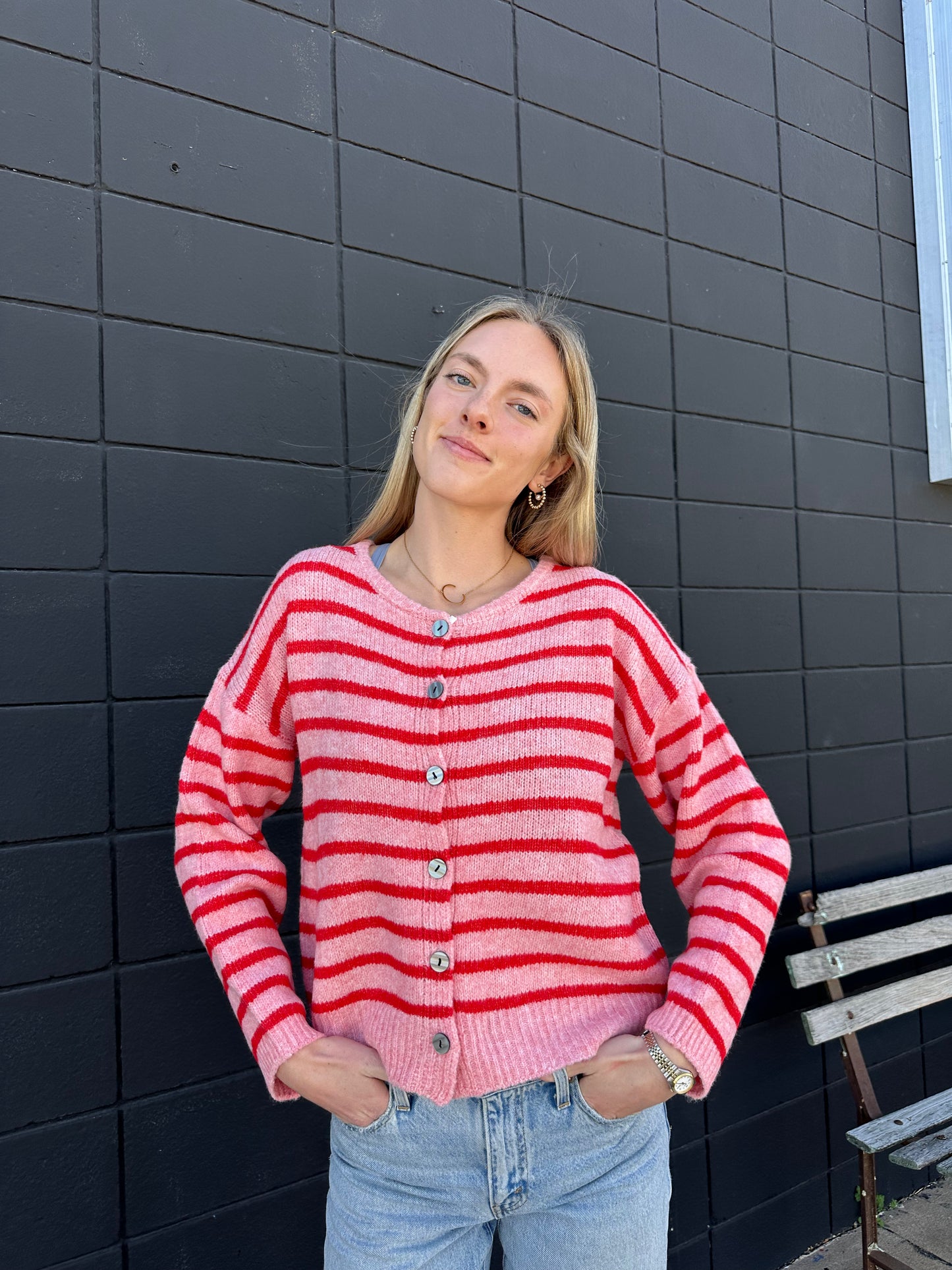 Pink & Red Striped Crew Neck Cardigan