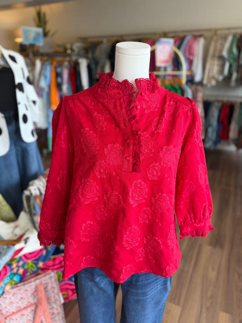 Red Floral Jacquard Top