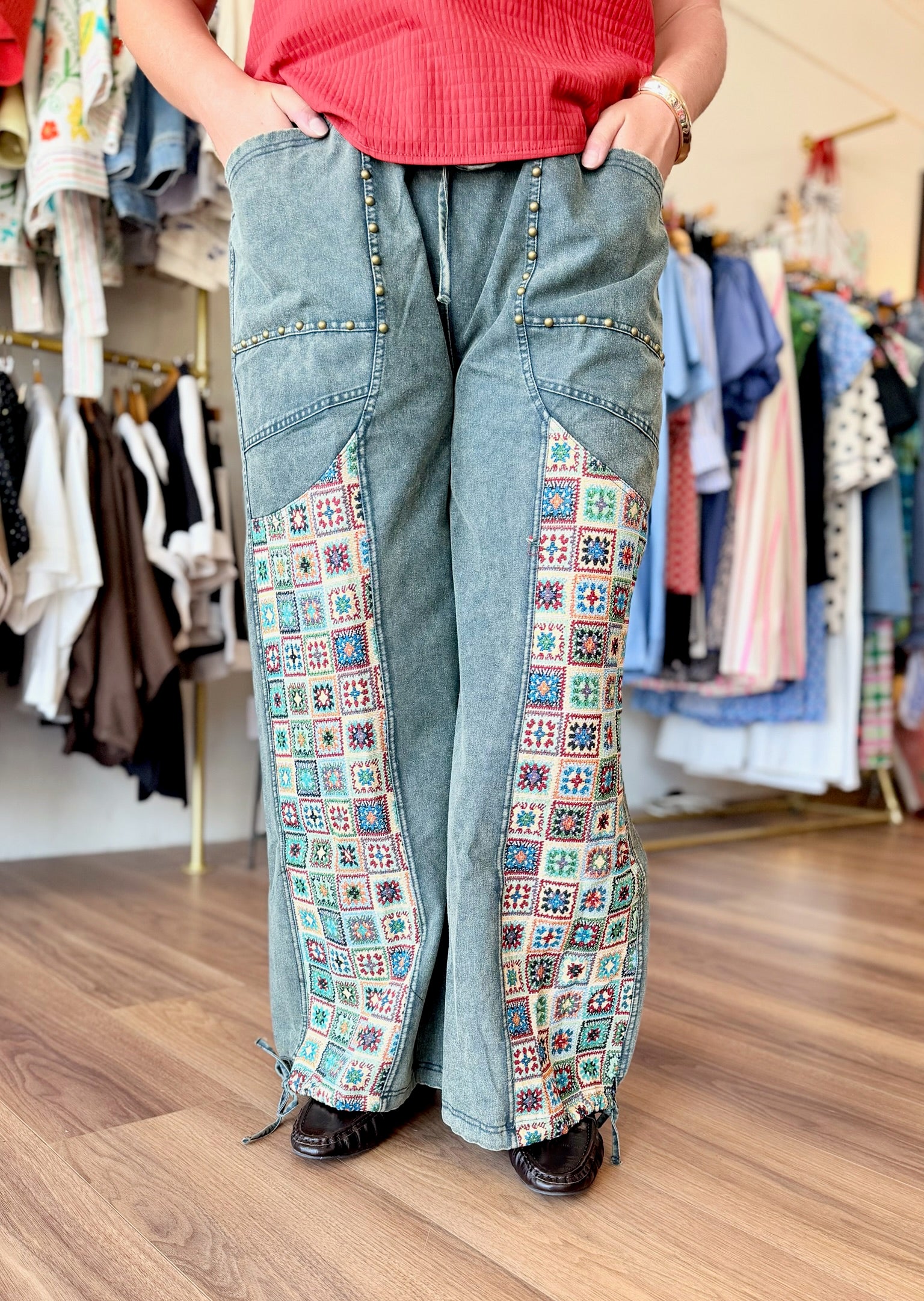 Mixed Print Mineral Washed Jeans