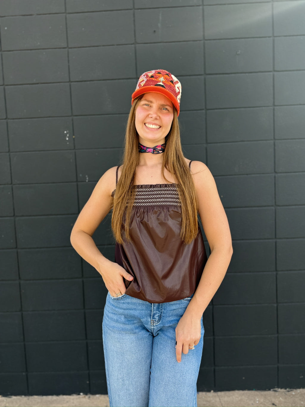 Chocolate Smocking Vegan Leather Bubble Top