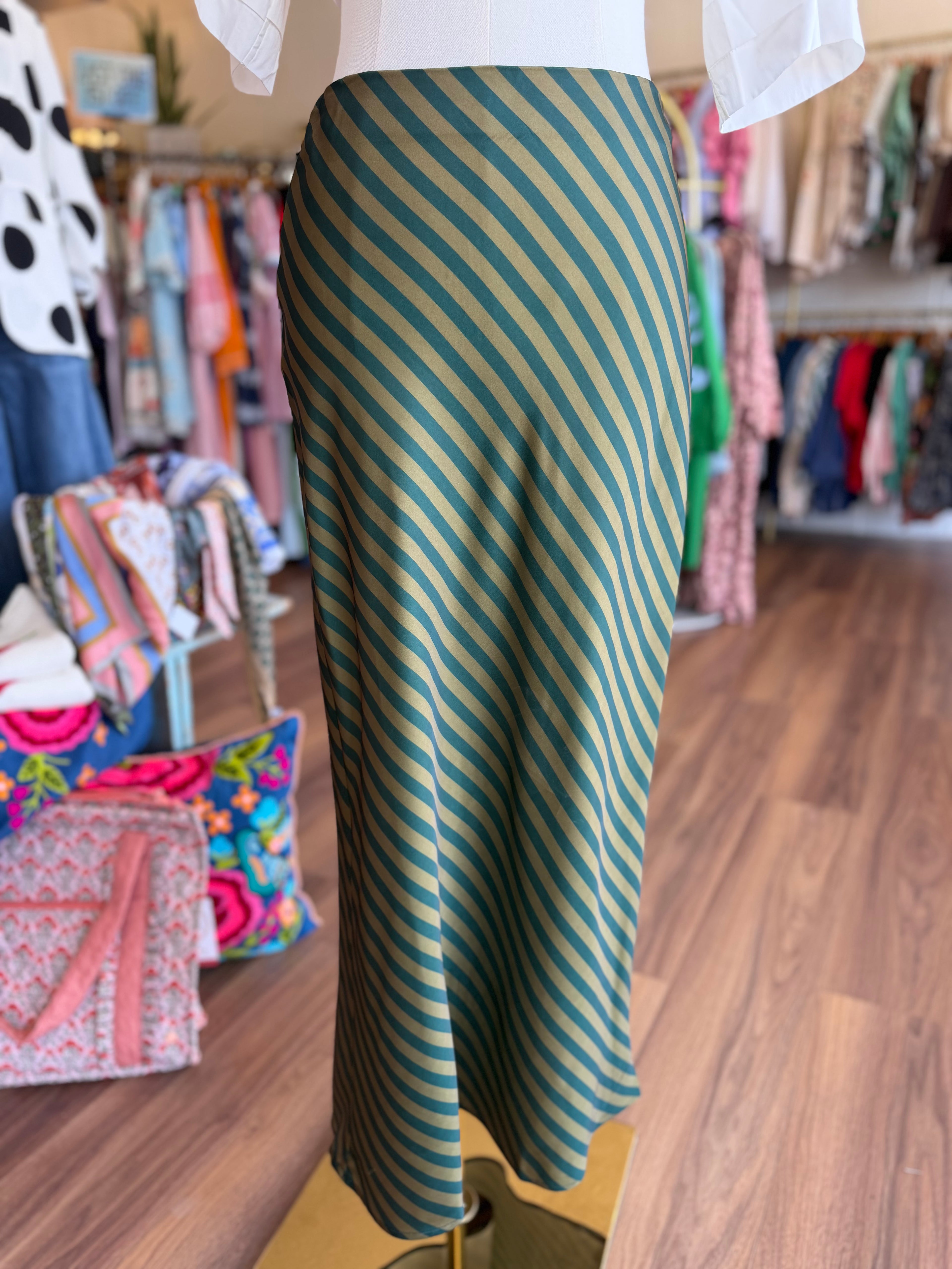 Olive Stripe Satin Midi Skirt