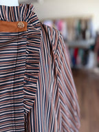 Black and Peach Pinstripe Ruffle Button-Up Top