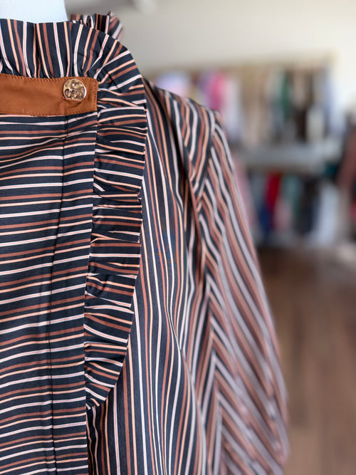 Black and Peach Pinstripe Ruffle Button-Up Top