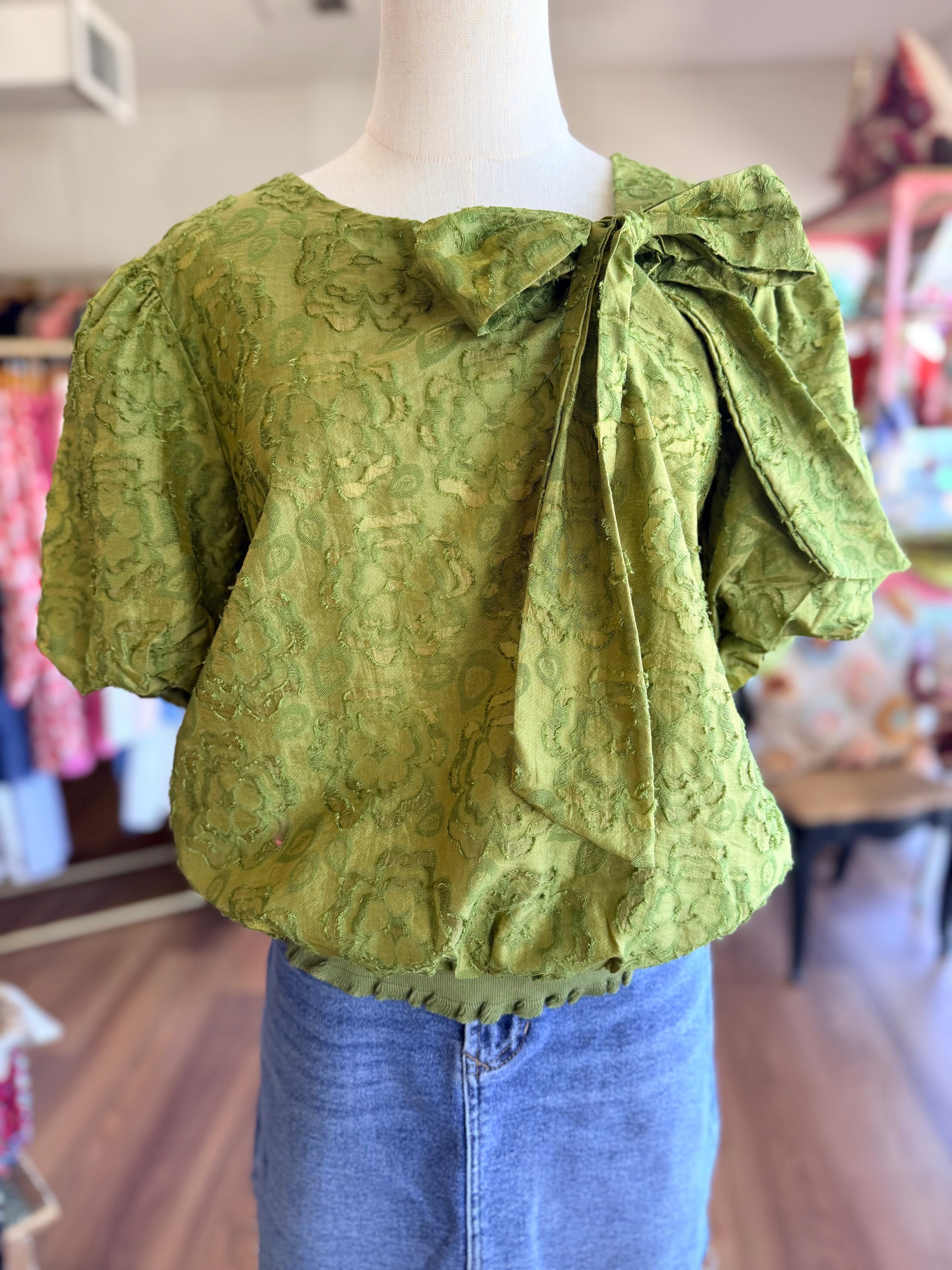 Large Front Bow Detail Burn Out Floral Top