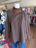 Black and Peach Pinstripe Ruffle Button-Up Top