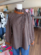 Black and Peach Pinstripe Ruffle Button-Up Top