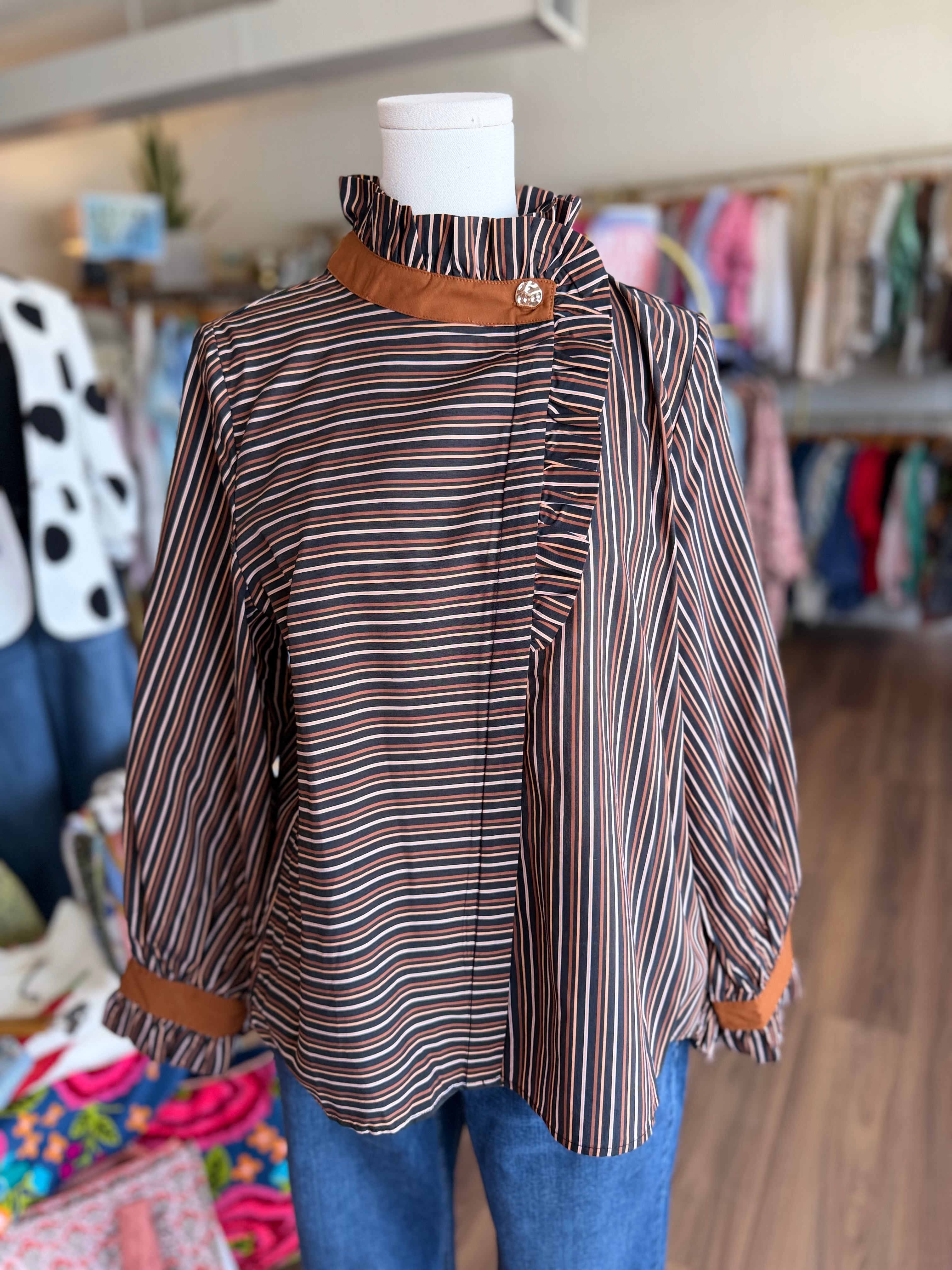 Black and Peach Pinstripe Ruffle Button-Up Top