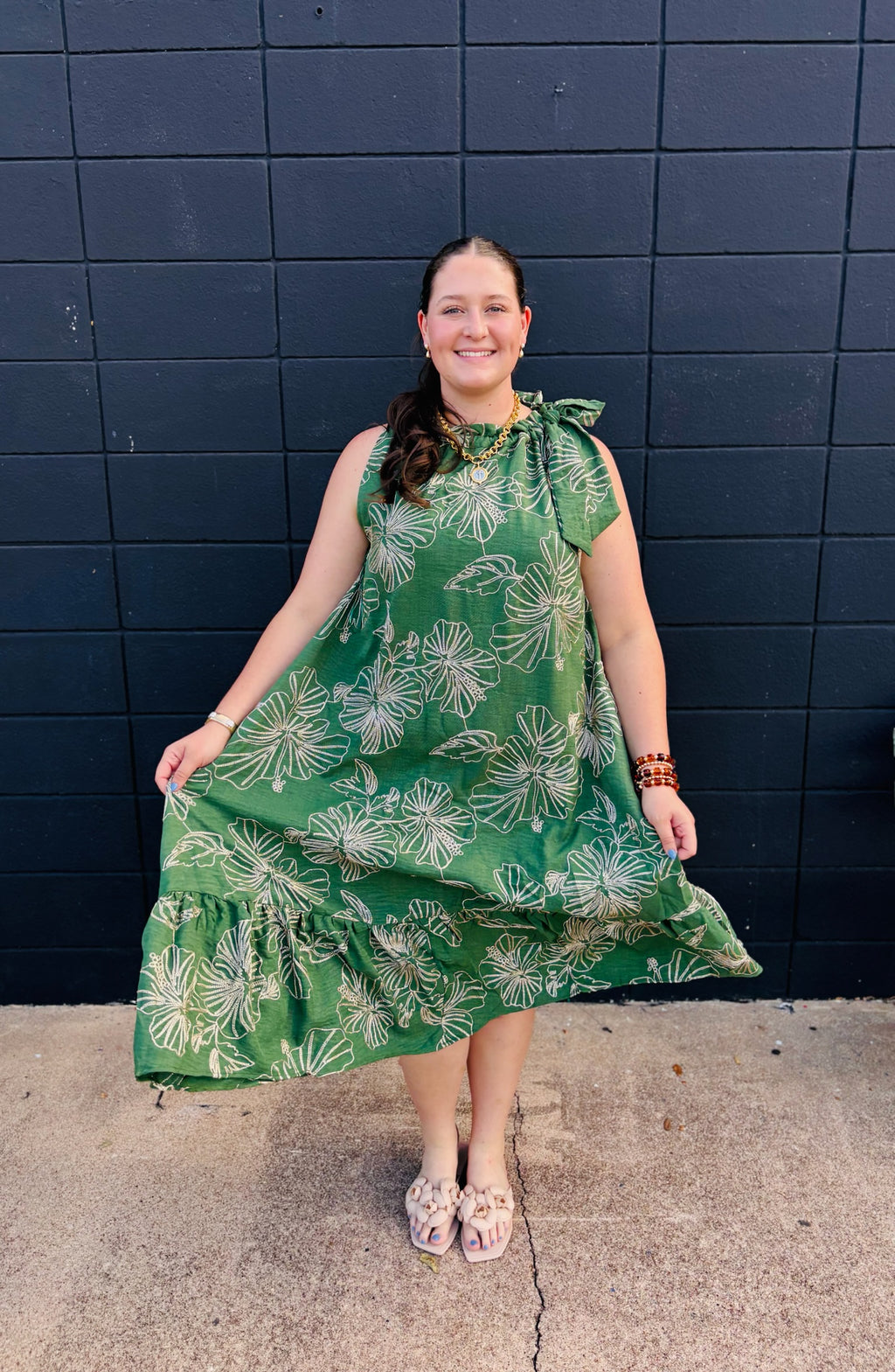 Green Floral Lurex Midi