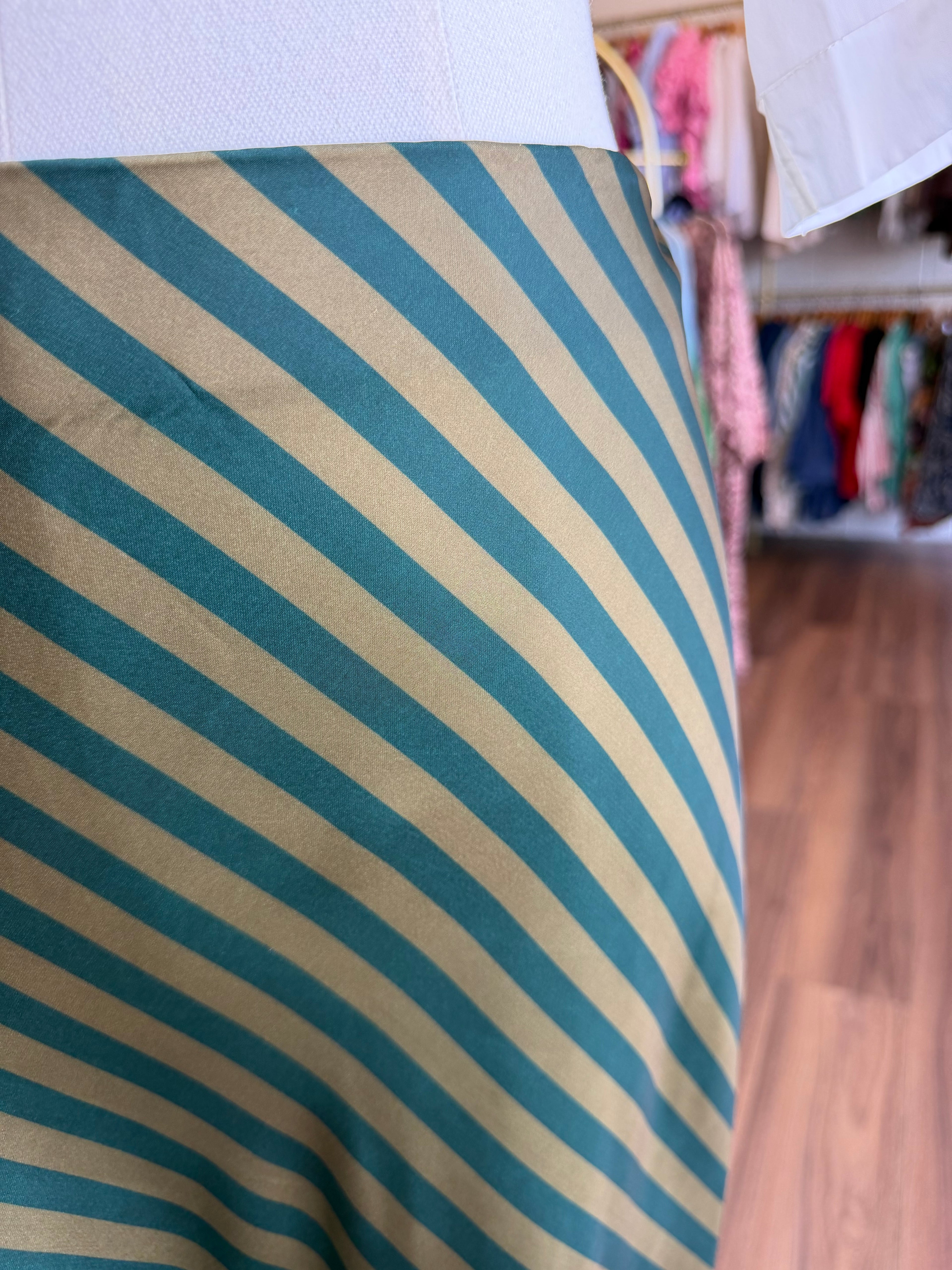Olive Stripe Satin Midi Skirt