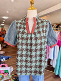 Stripe Denim Sleeve Houndstooth Tweed Top