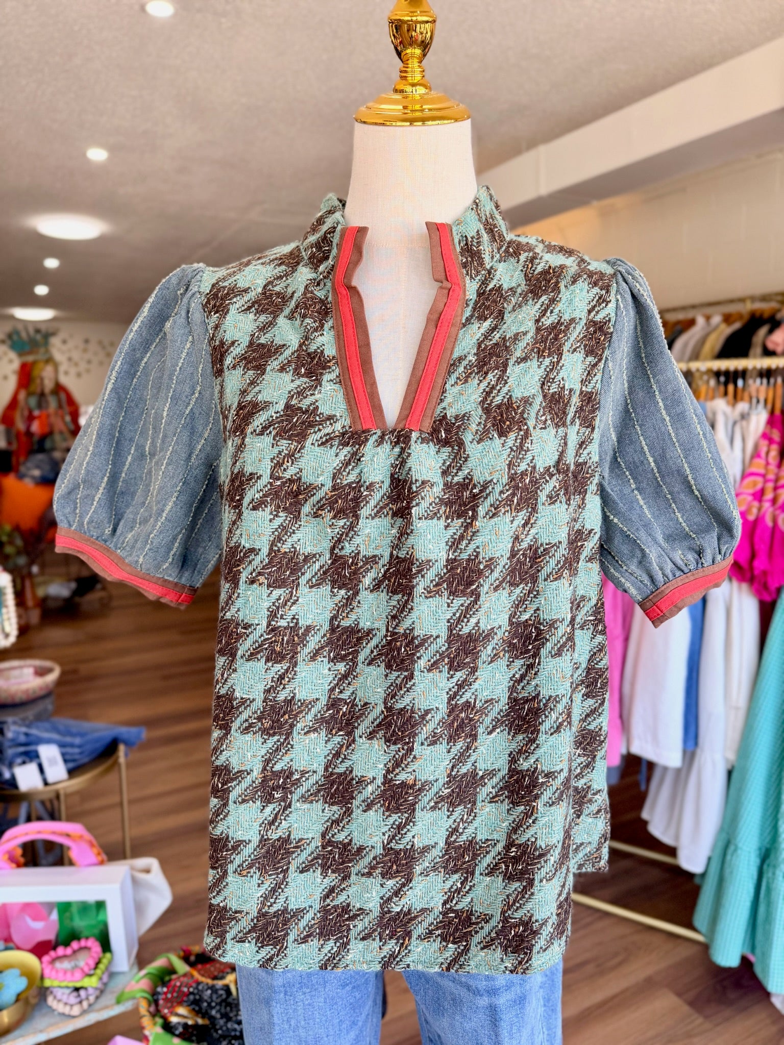 Stripe Denim Sleeve Houndstooth Tweed Top