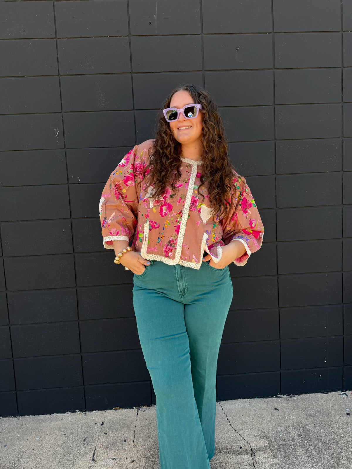 Lace Trimmed Placket Printed Vintage Star Appliqués Jacket