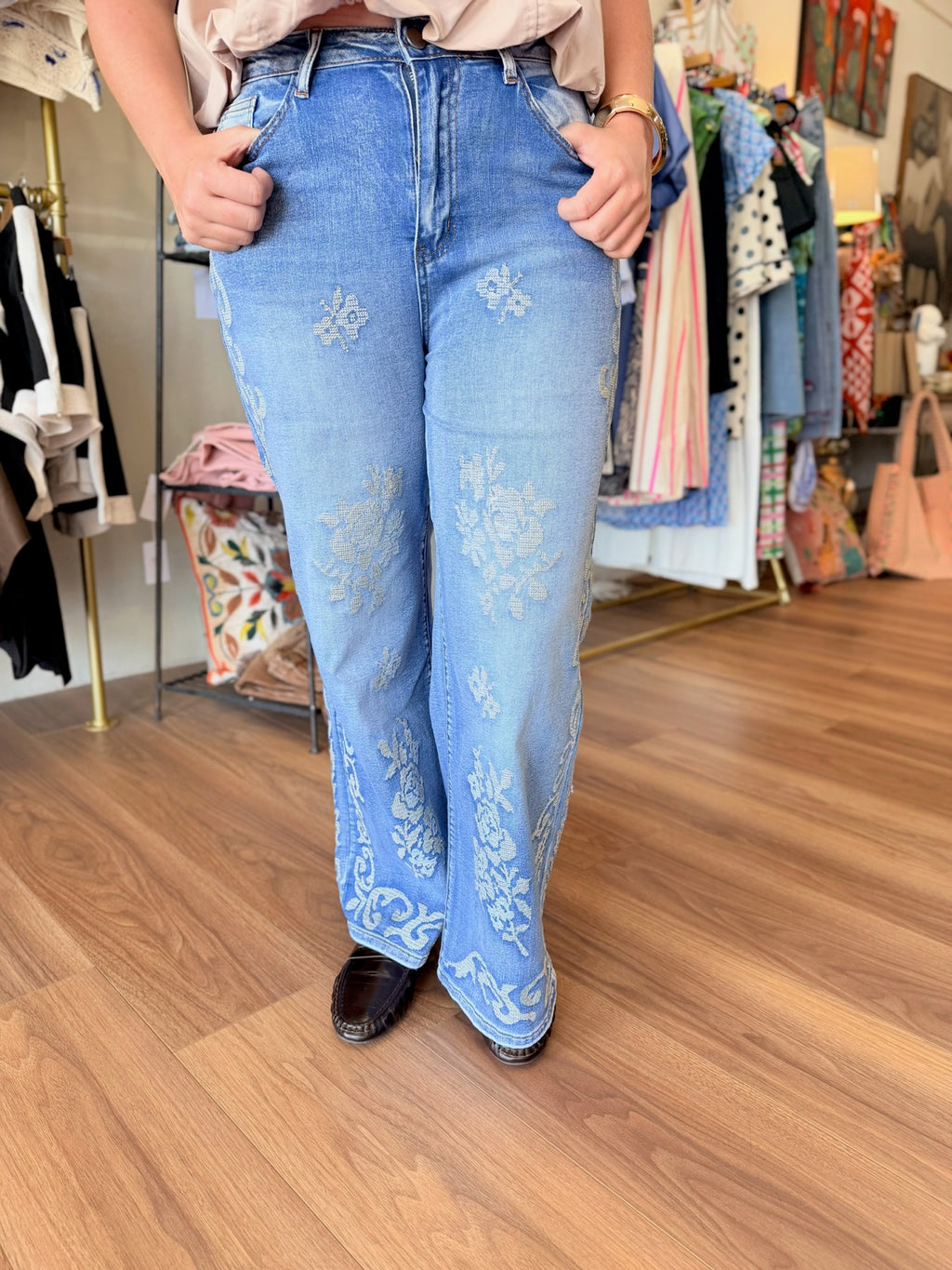 Metallic Embroidered Denim Jeans