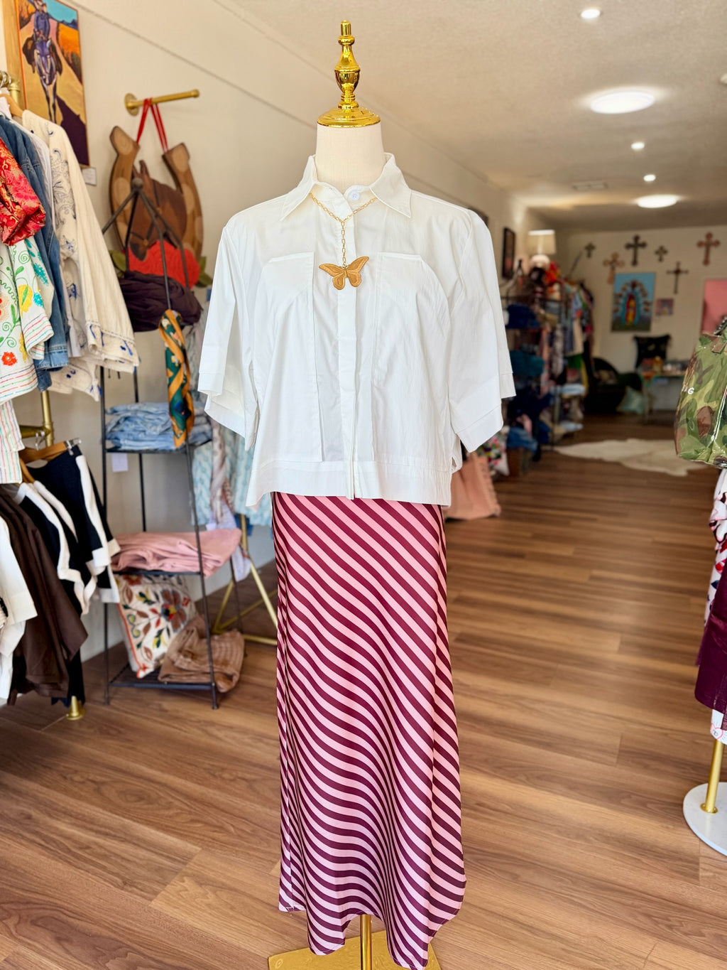 Burgundy Stripe Satin Midi Skirt