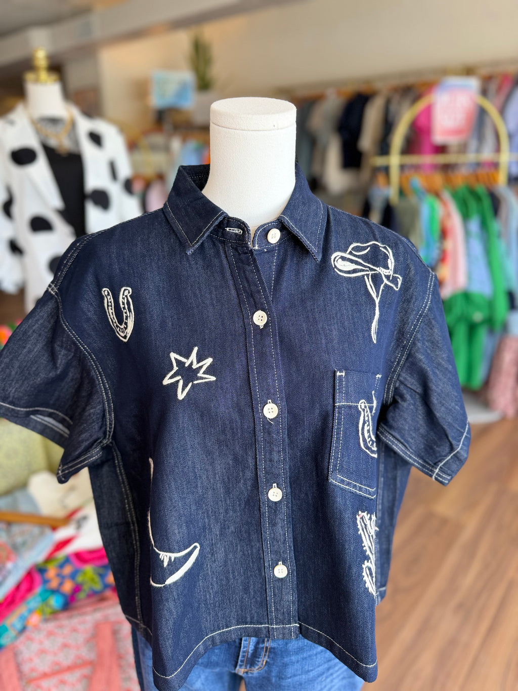 Dark Denim Embroidered Cropped Top