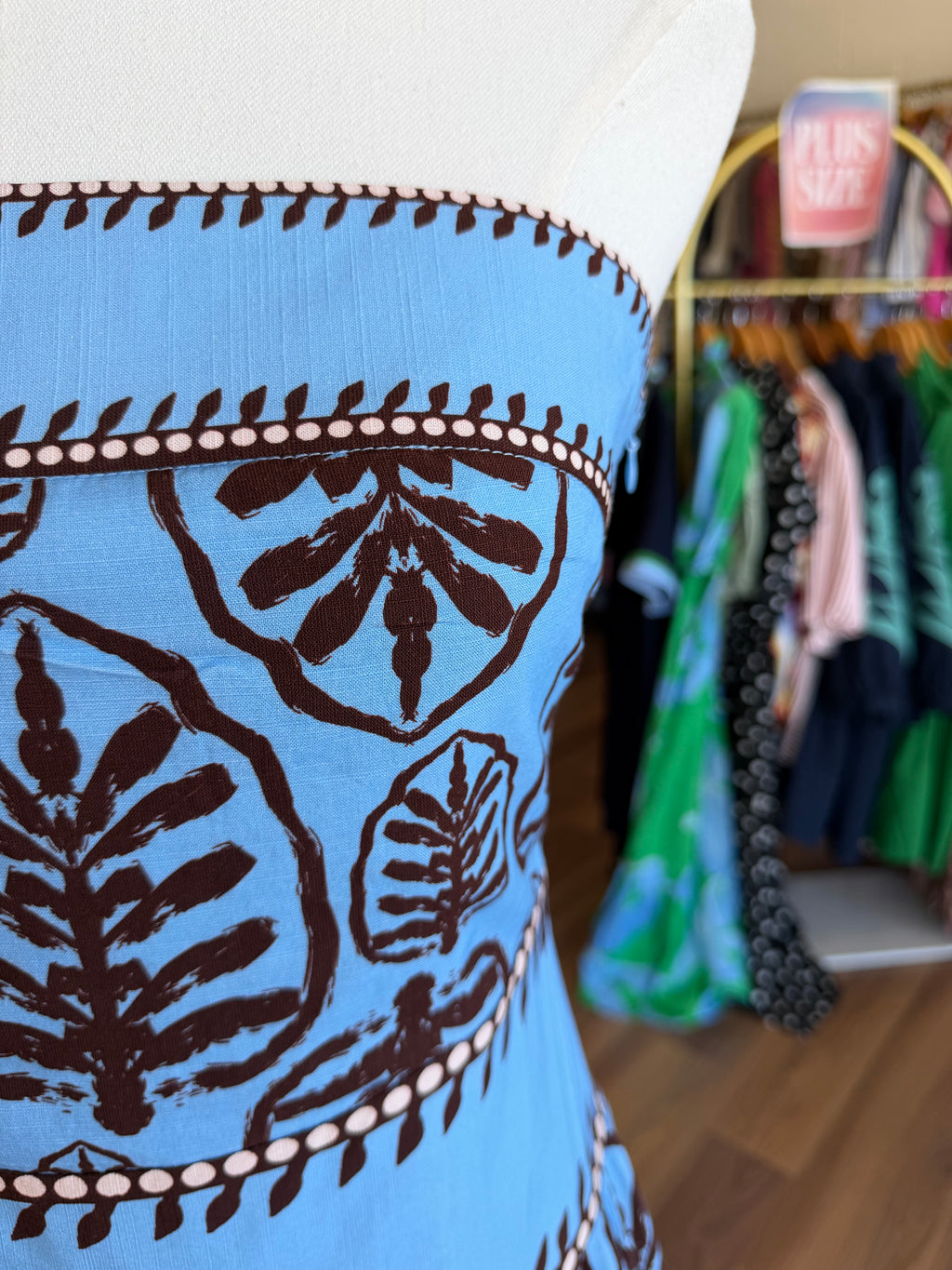 Blue Strapless Dress with Brown Design