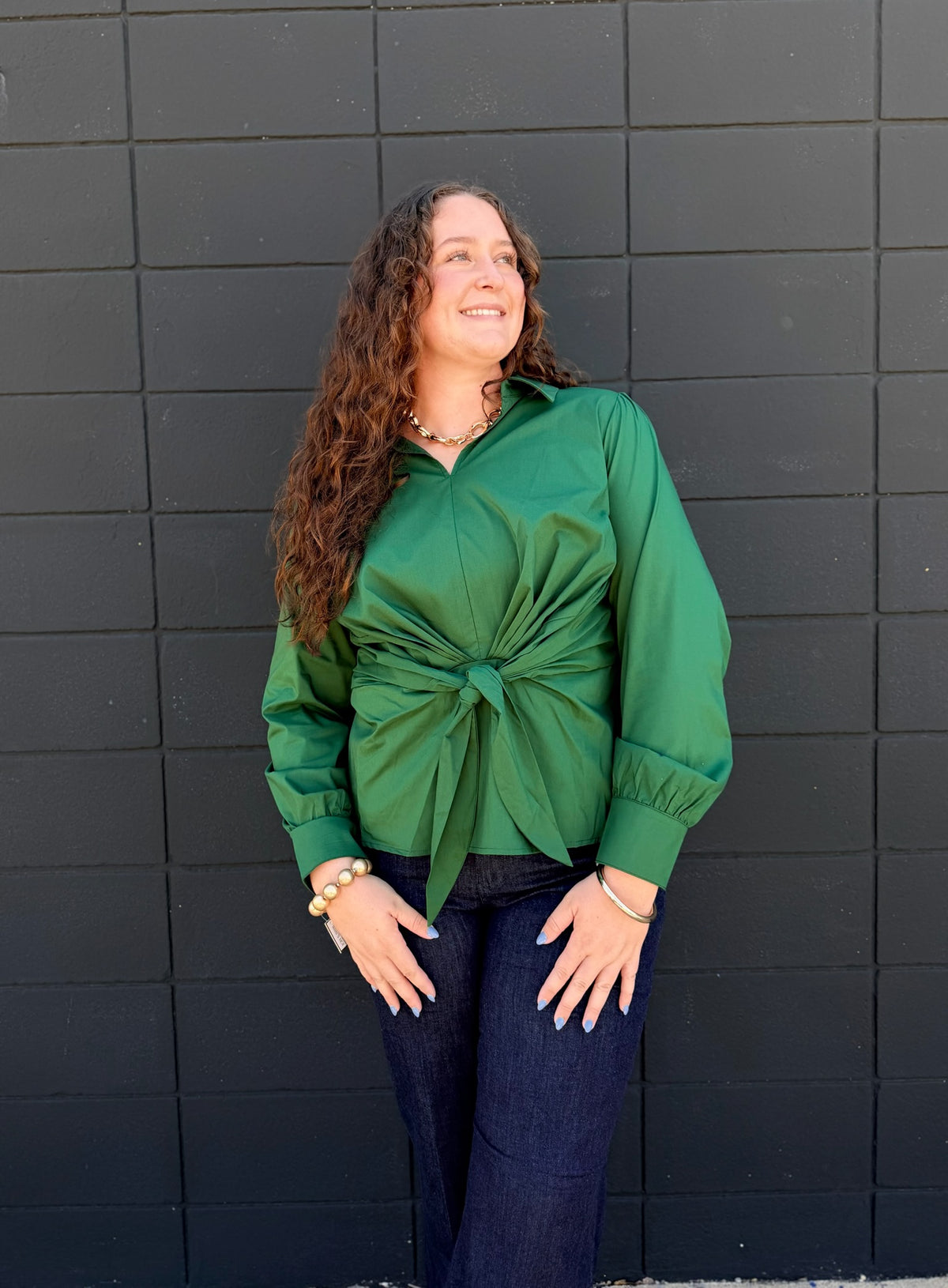 Green Front Tie Top