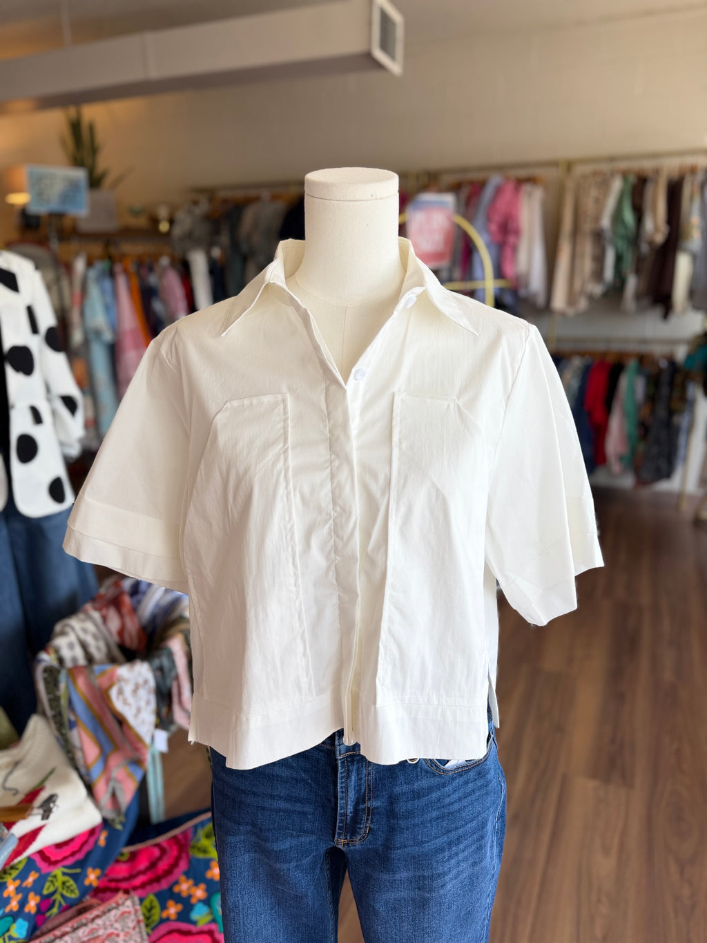 White Cropped Collared Button Up