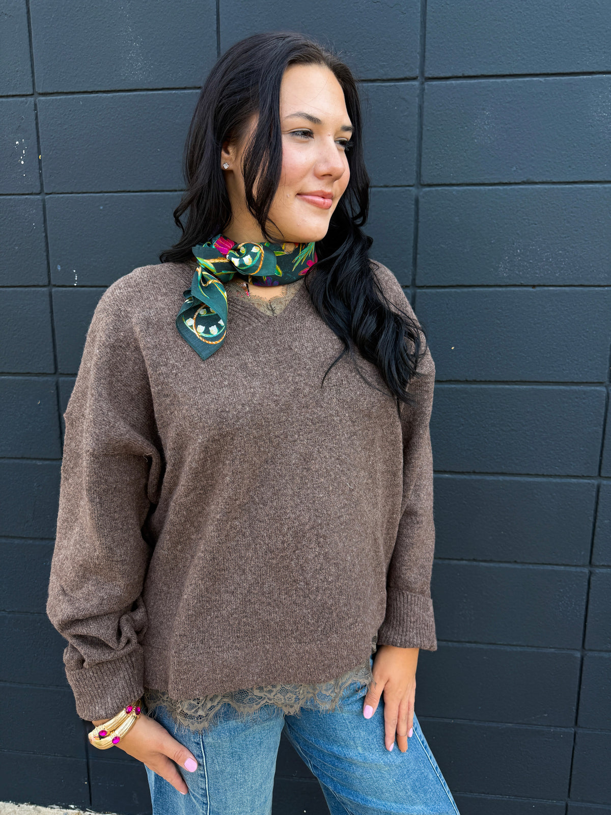 Brown Lace Detail Sweater