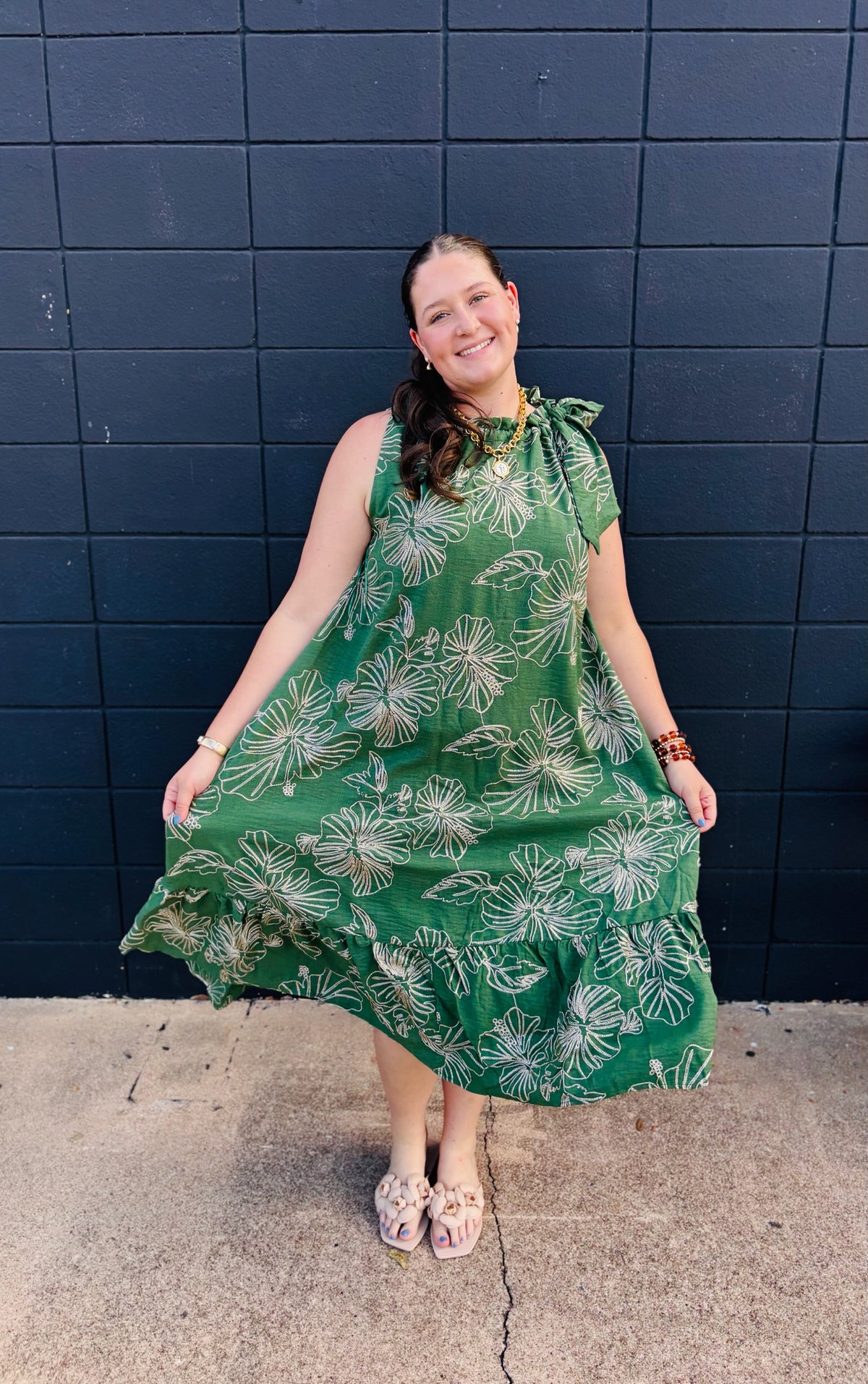 Green Floral Lurex Midi