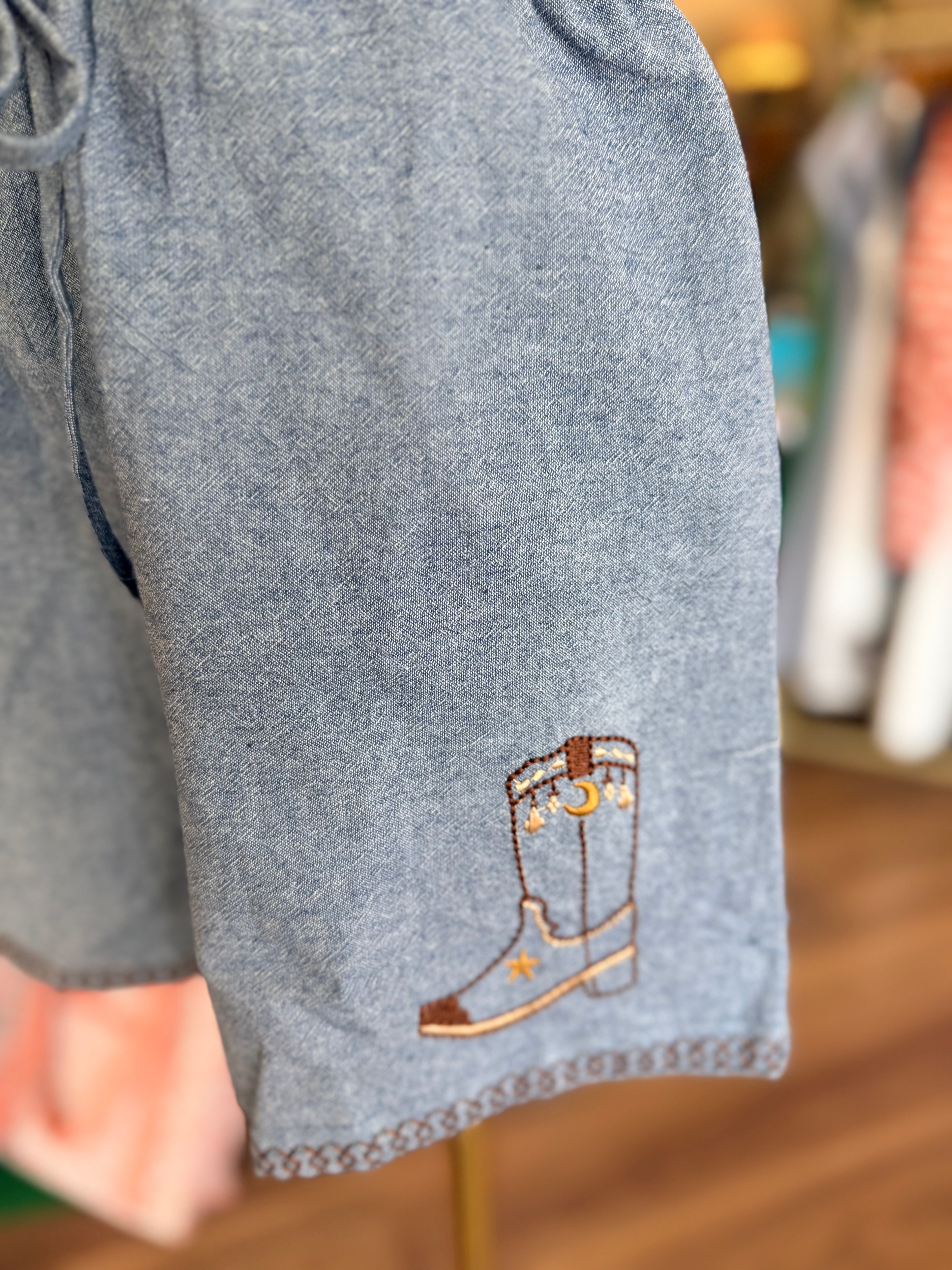 Embroidered Western Boot Drawstring Shorts
