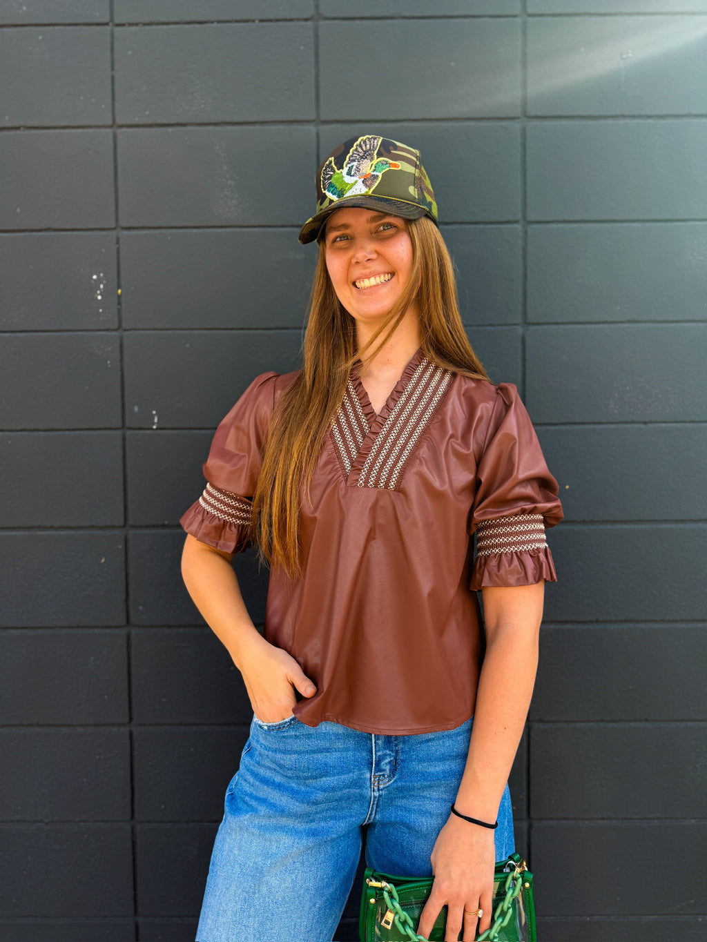 Wine Smocking Ruffle Vegan Leather Blouse