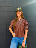 Wine Smocking Ruffle Vegan Leather Blouse