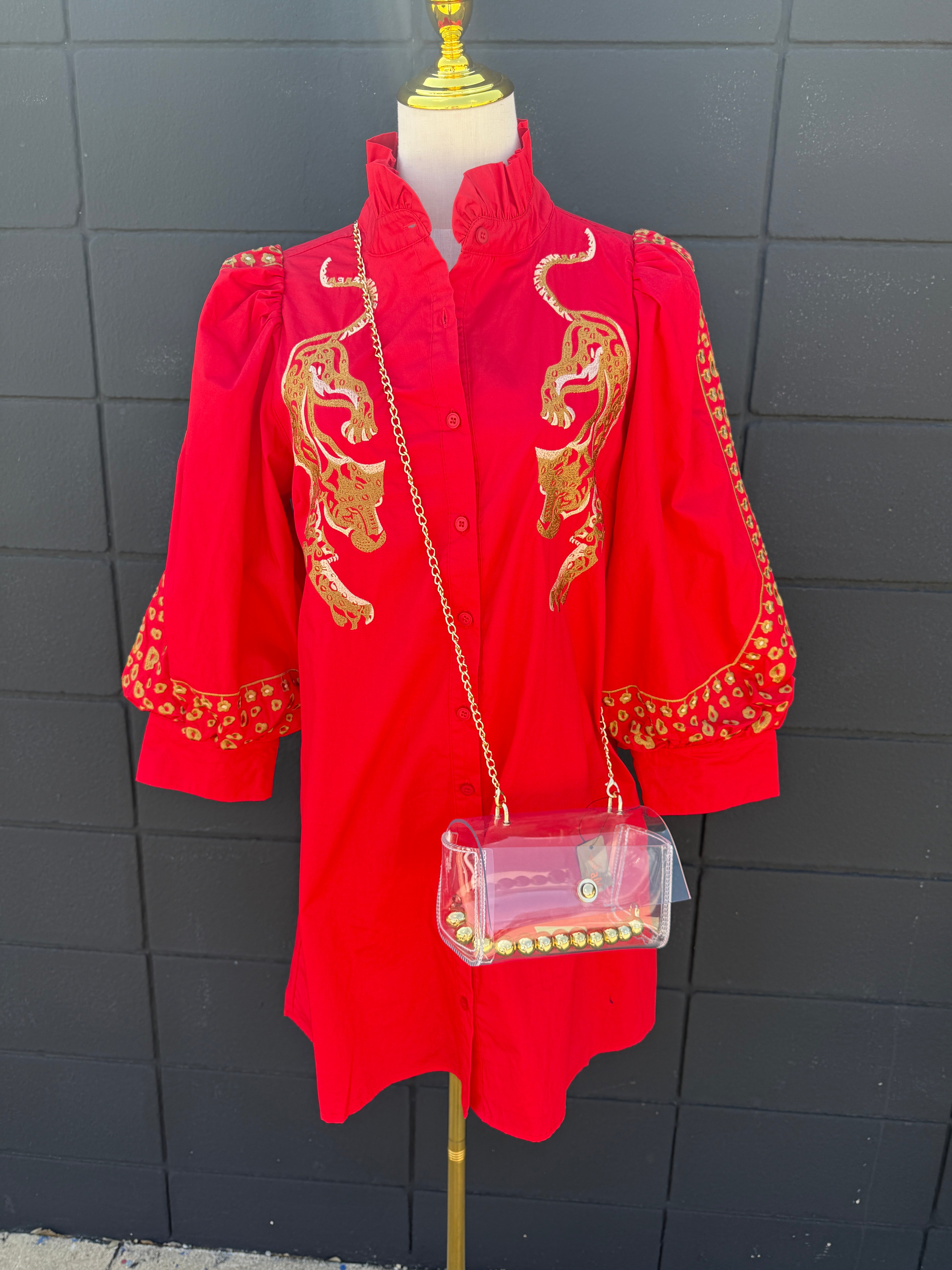Red Leopard Embroidered Dress