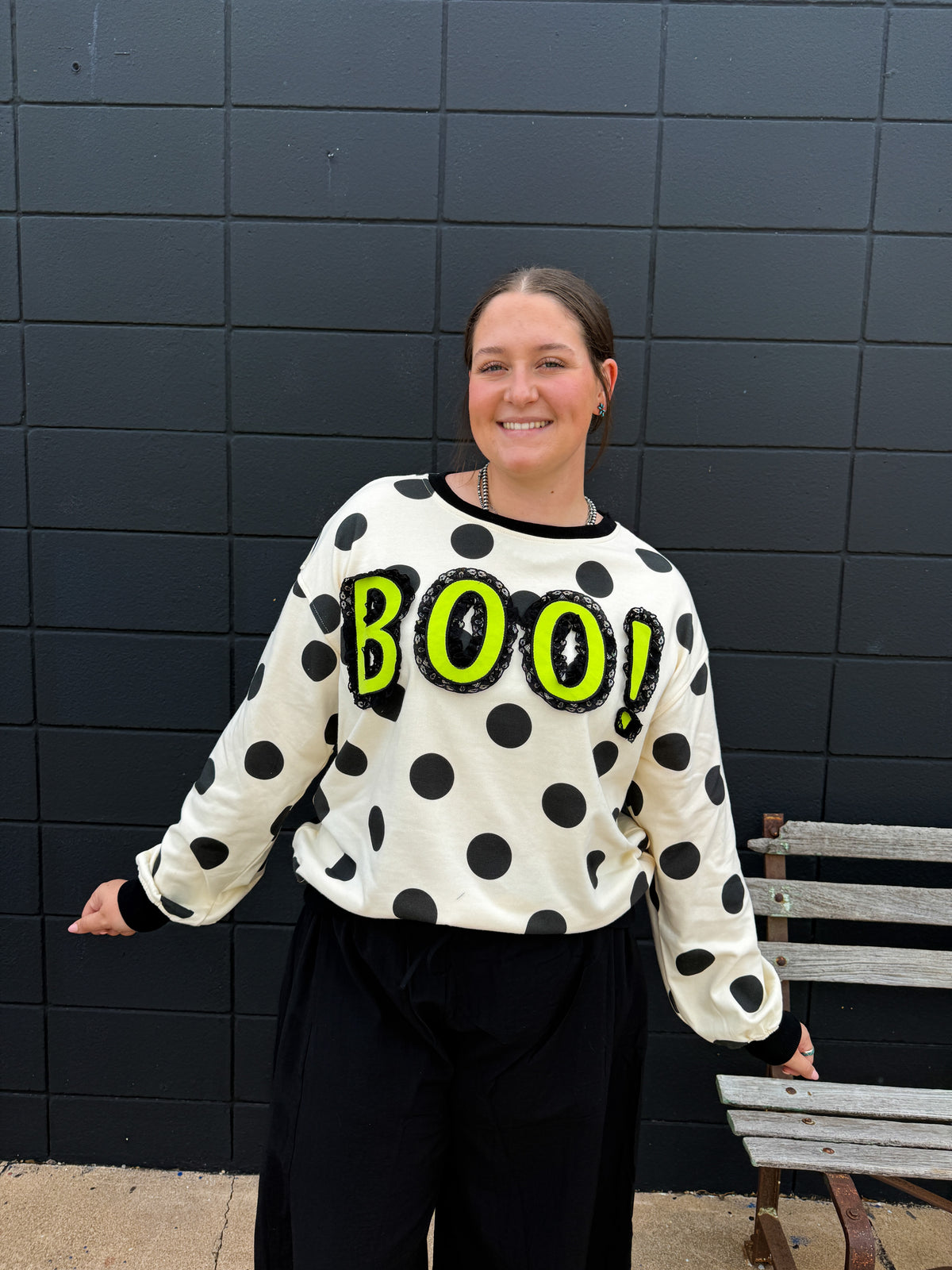 “BOO” Polka Dot Sweater with Lace Edge