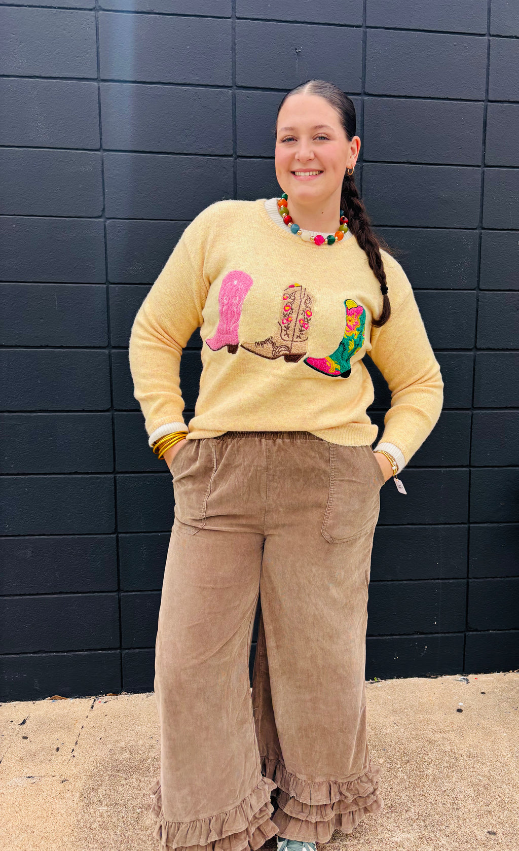 Wildflower Rodeo Boots Patchwork Knit Sweater