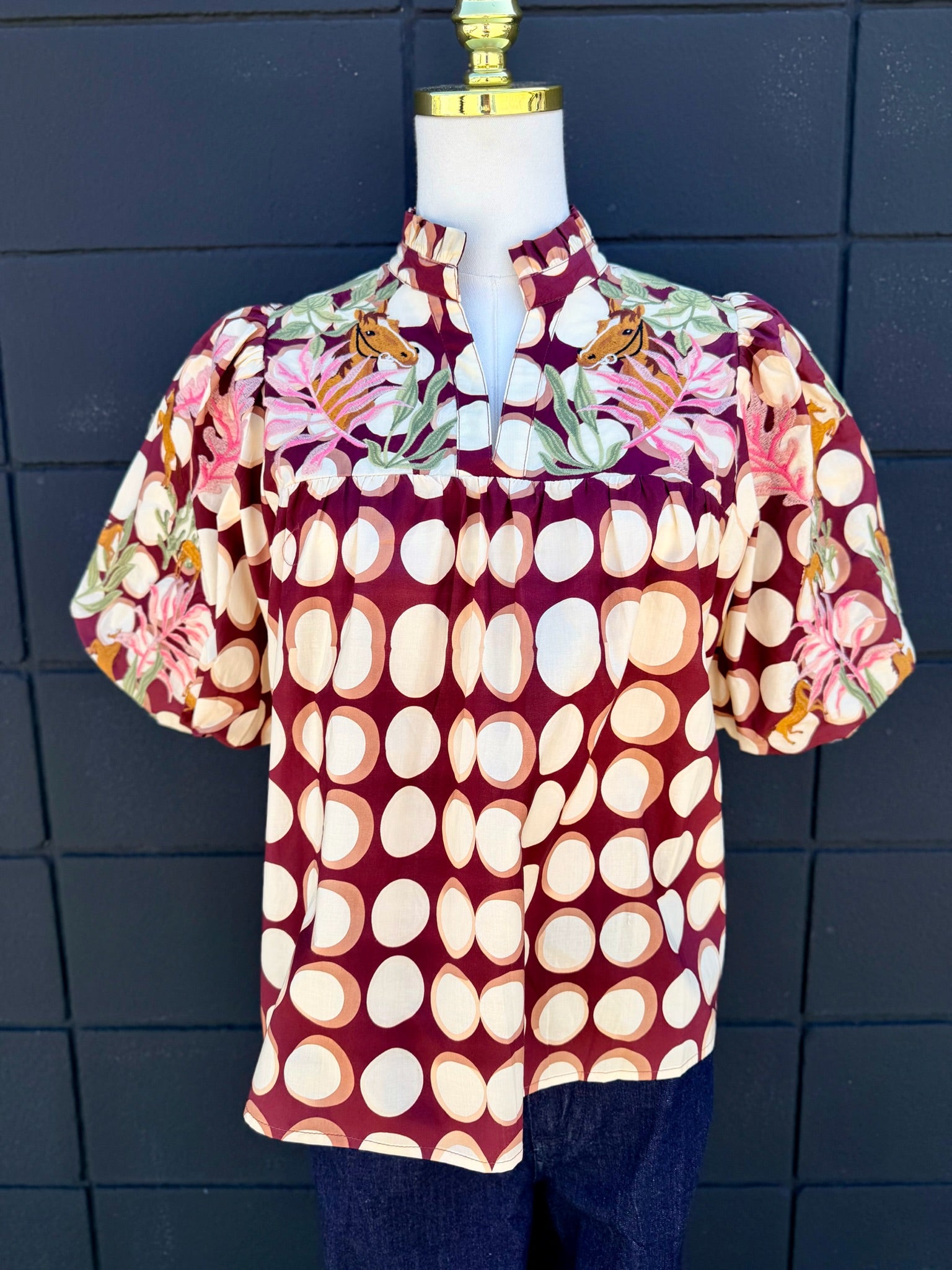 Embroidered Horse Puff Sleeve Top