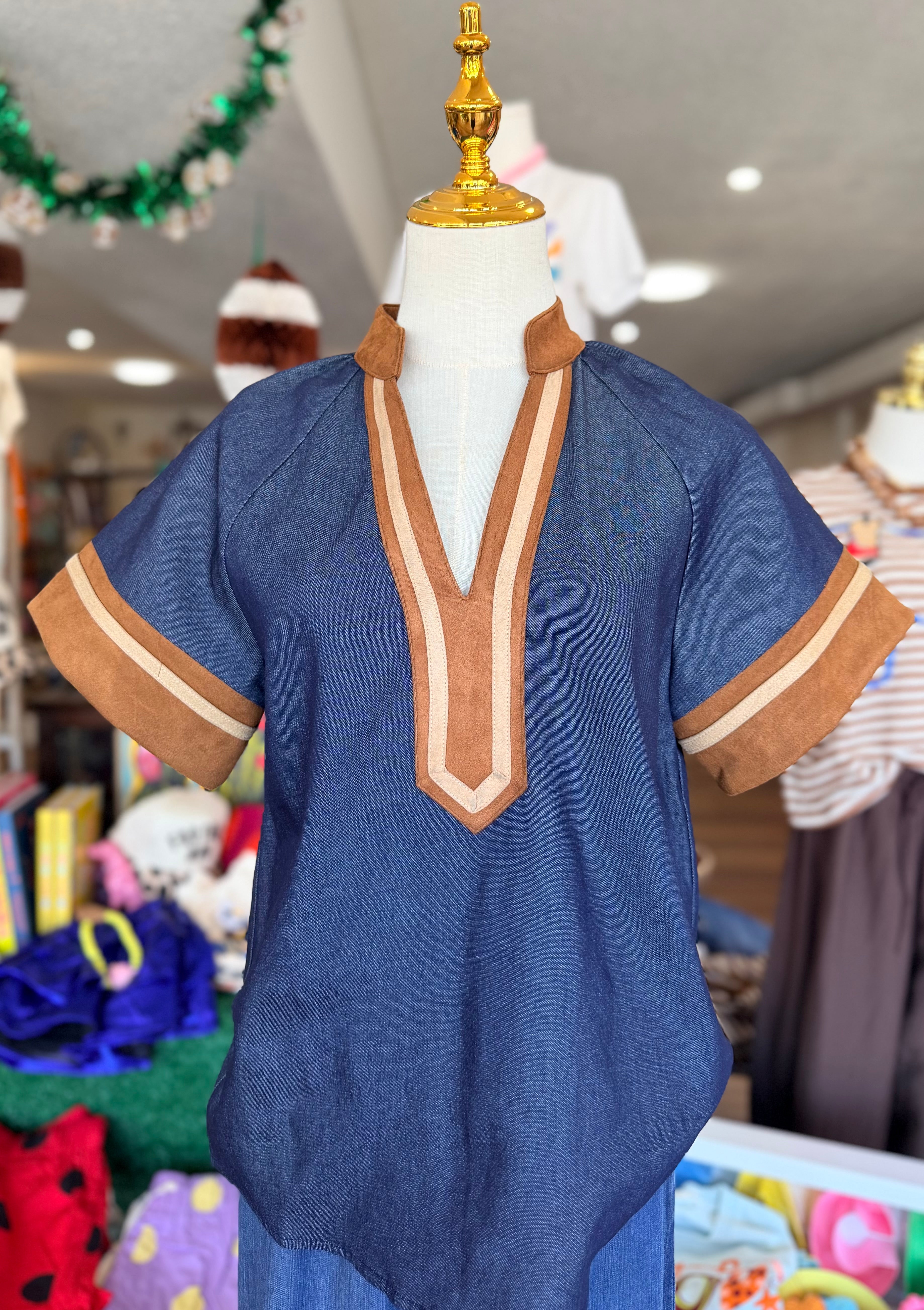 Denim Top with Suede Contrast