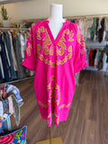 Puff sleeve embroidery detail v-neck dress