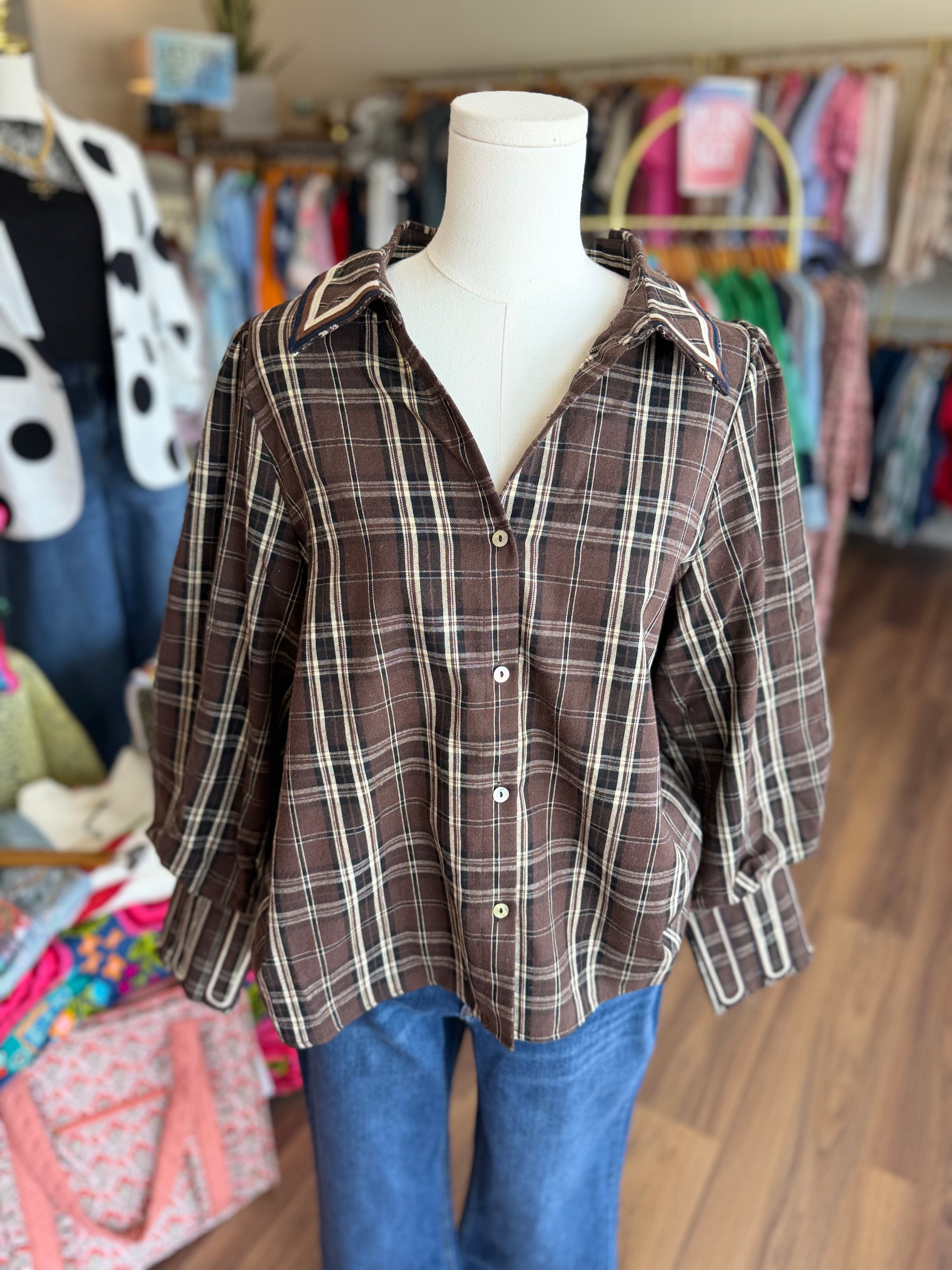 Brown Plaid Bordered Button Up