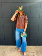 Wine Smocking Ruffle Vegan Leather Blouse