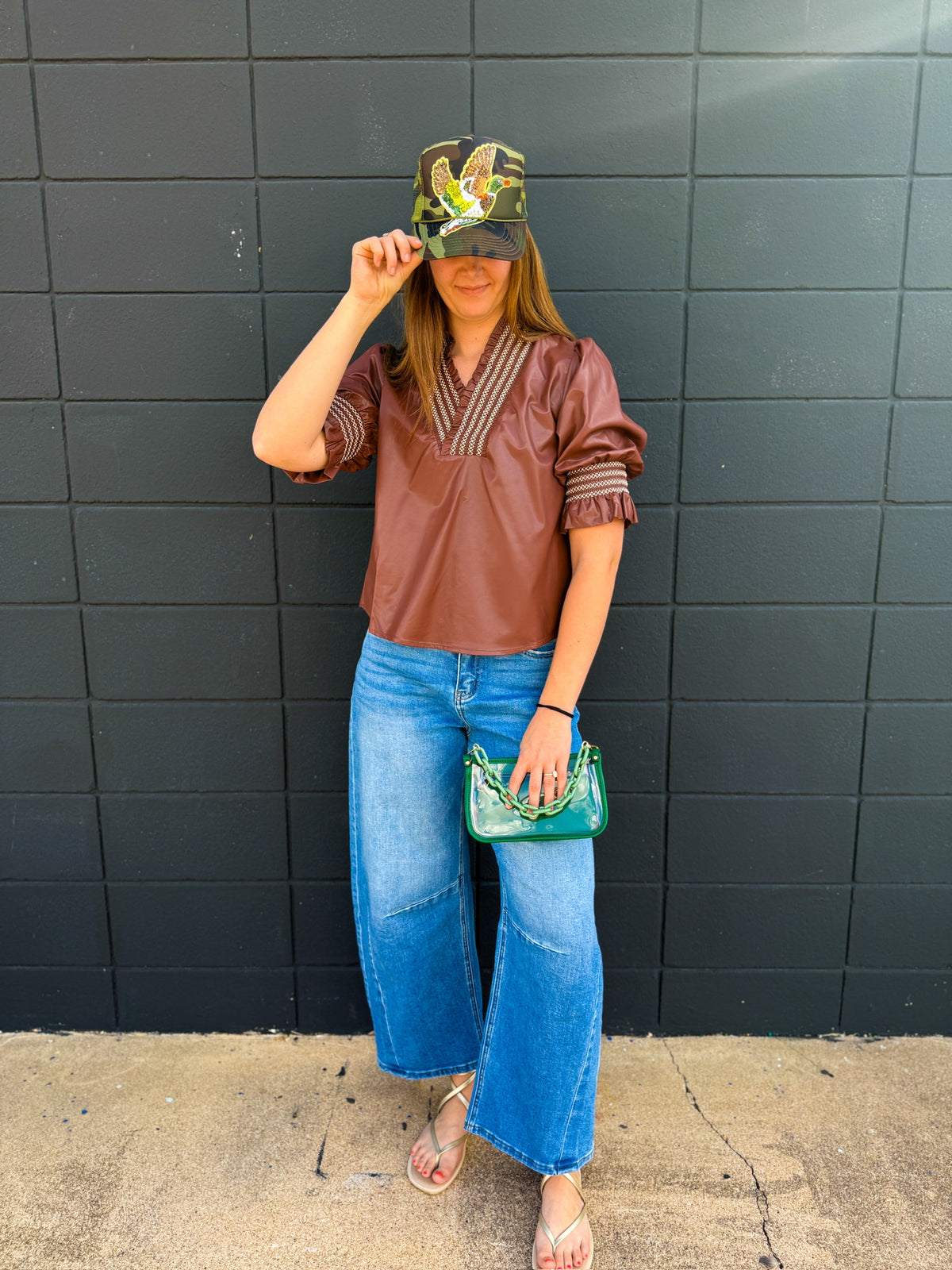 Wine Smocking Ruffle Vegan Leather Blouse